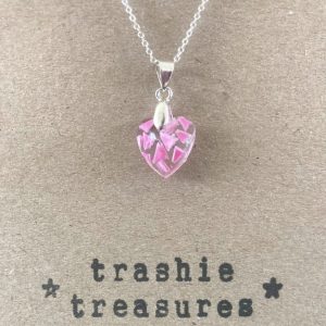 Dinky faceted heart pendant made with Pink recycled beach plastic - Sterling Silver.
